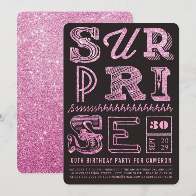 Glitter Art Deco Surprise Party Birthday Invite (Front/Back)