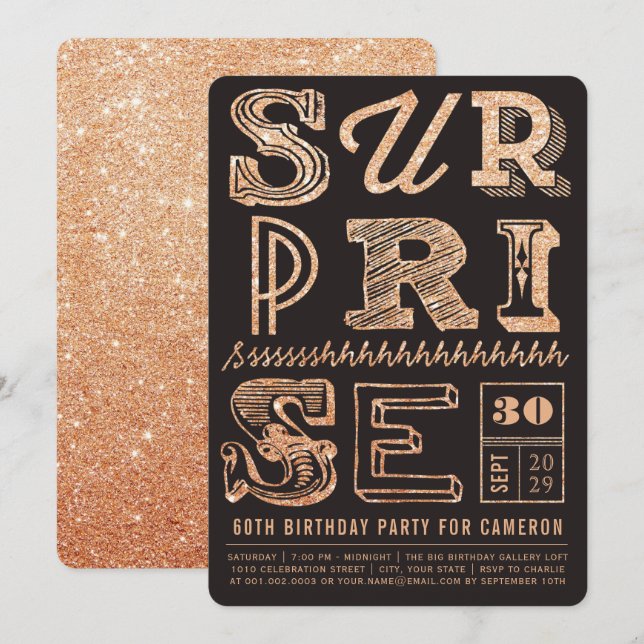 Glitter Art Deco Surprise Party Birthday Invite (Front/Back)