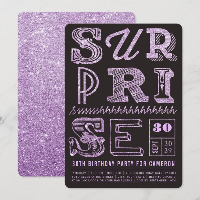Glitter Art Deco Surprise Party Birthday Invite (Front/Back)