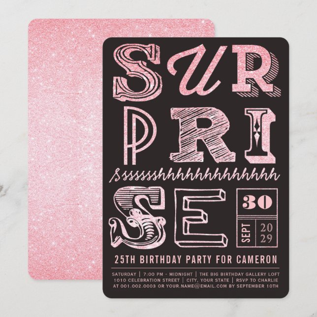 Glitter Art Deco Surprise Party Birthday Invite (Front/Back)
