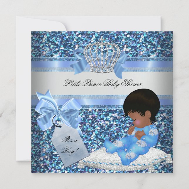 Glitter Baby Shower Boy Blue Little Prince Bunnies Invitation (Front)