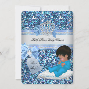 Glitter Baby Shower Boy Blue Little Prince Crown 3 Invitation