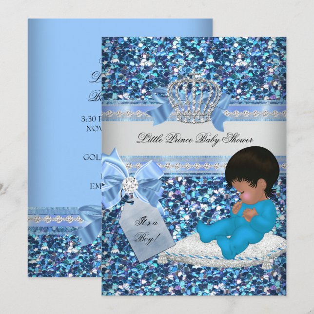 Glitter Baby Shower Boy Blue Little Prince Crown 3 Invitation (Front/Back)