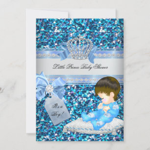 Glitter Baby Shower Boy Blue Little Prince Crown 4 Invitation
