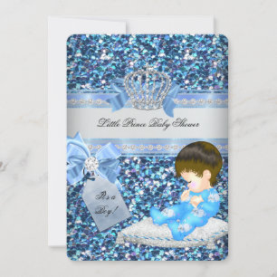 Glitter Baby Shower Boy Blue Little Prince Crown 4 Invitation