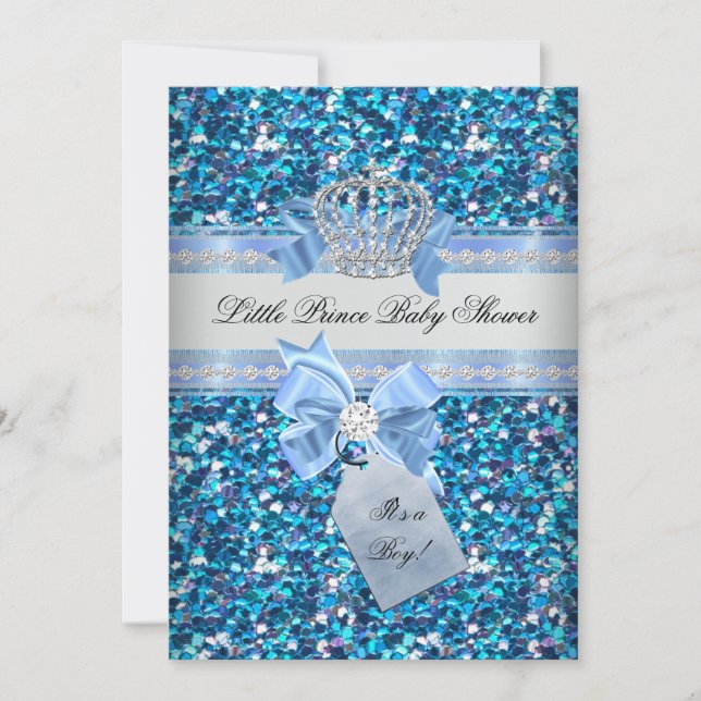 Glitter Baby Shower Boy Blue Little Prince Crown 5 Invitation (Front)