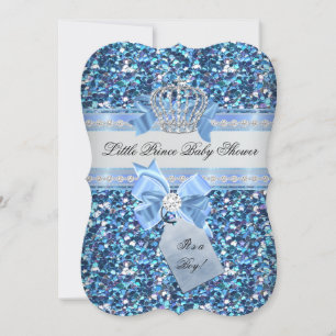 Glitter Baby Shower Boy Blue Little Prince Crown 5 Invitation