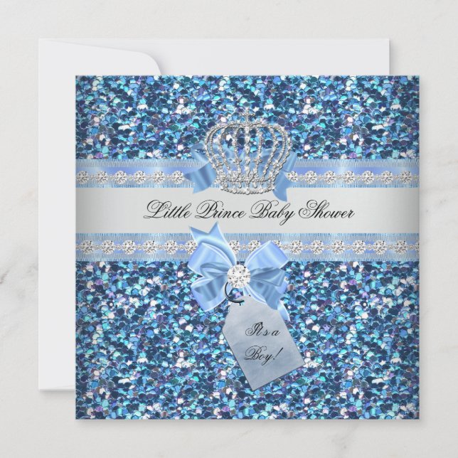 Glitter Baby Shower Boy Blue Little Prince Crown 5 Invitation (Front)