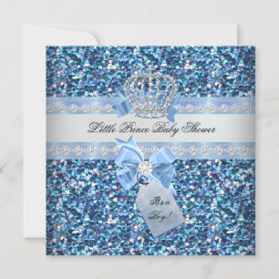 Glitter Baby Shower Boy Blue Little Prince Crown 5 Invitation