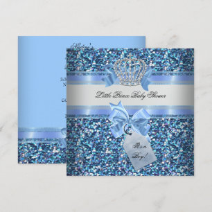 Glitter Baby Shower Boy Blue Little Prince Crown Invitation