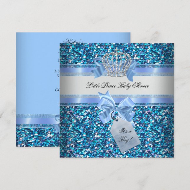 Glitter Baby Shower Boy Blue Little Prince Crown Invitation (Front/Back)