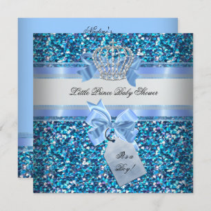 Glitter Baby Shower Boy Blue Little Prince Crown Invitation
