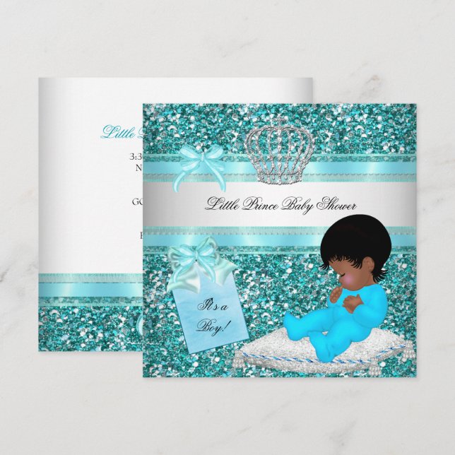 Glitter Baby Shower Boy Teal Little Prince Crown Invitation (Front/Back)