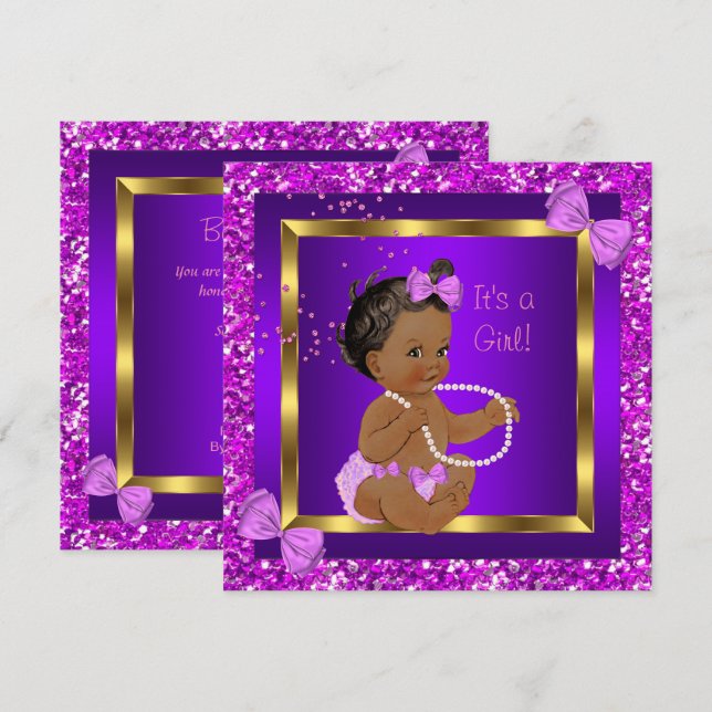 Glitter Baby Shower Girl Purple Pink Ethnic Invitation (Front/Back)