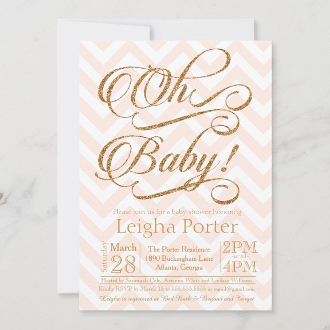 Glitter Baby Shower Invitation Blush Pink Chevron (Front)