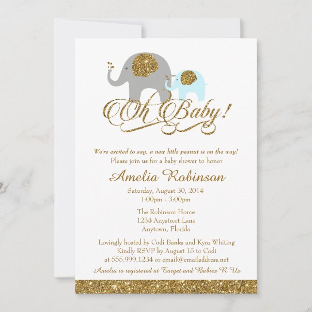 Glitter Baby Shower Invitation, Elephant Peanut Invitation (Front)