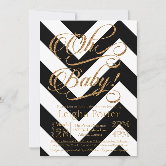 Glitter Baby Shower Invitation Gold black Chevron (Front)