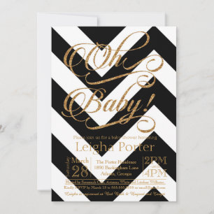 Glitter Baby Shower Invitation Gold black Chevron
