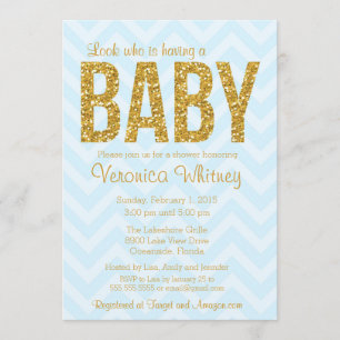 Glitter Baby Shower Invitation, Gold blue Chevron Invitation