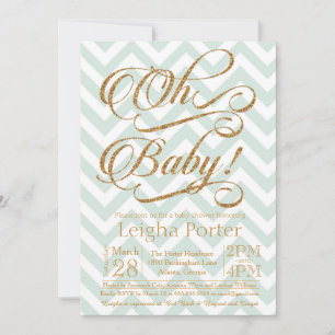 Glitter Baby Shower Invitation Gold Mint Chevron