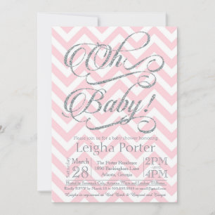 Glitter Baby Shower Invitation Silver pink chevron