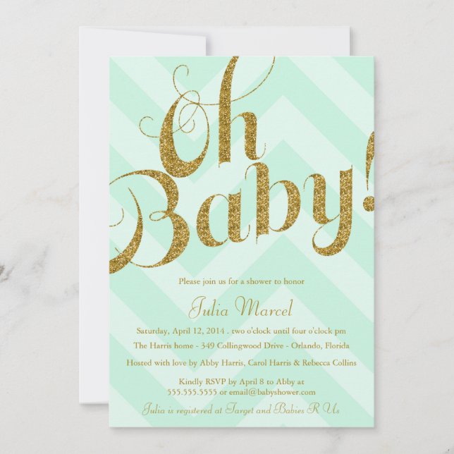 Glitter Baby Shower Invitation with Mint Chevron (Front)