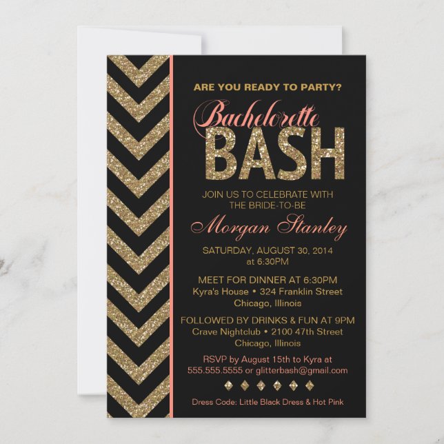 Glitter Bachelorette Bash Party Invitation Coral (Front)