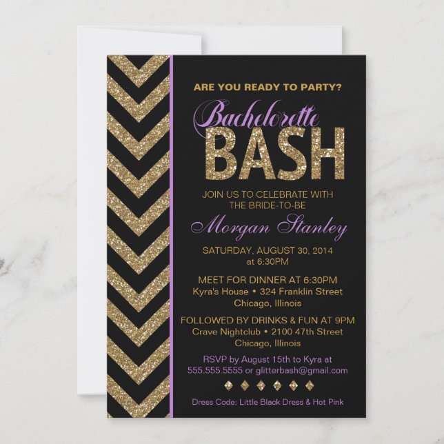 Glitter Bachelorette Bash Party Invitation PURPLE (Front)