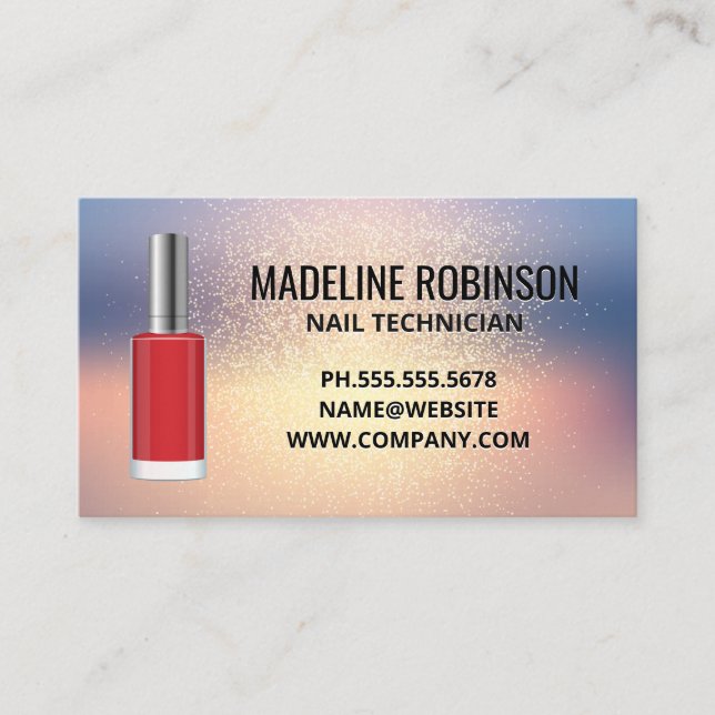 Glitter Background | Red Nail Polish Bottle Business Card (Front)