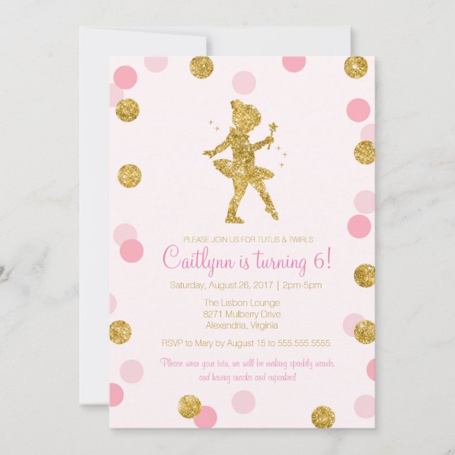 Glitter Ballerina, Pink and Gold Sparkle Birthday Invitation (Front)
