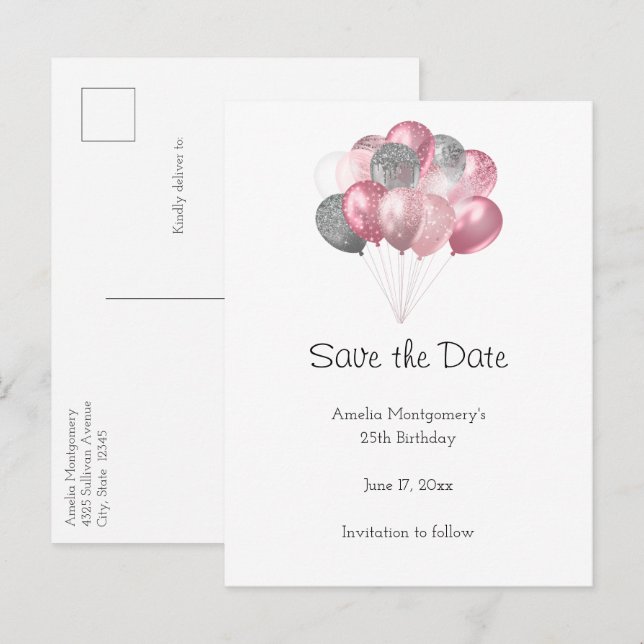 Glitter Balloon Bunch Pink and Silver Announcement Postcard (Front/Back)