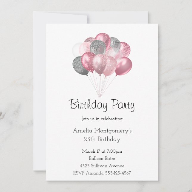Glitter Balloon Bunch Pink and Silver Birthday Invitation (Front)