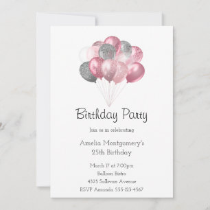 Glitter Balloon Bunch Pink and Silver Birthday Invitation