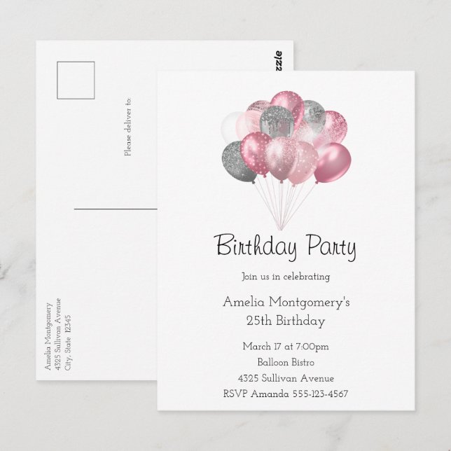 Glitter Balloon Bunch Pink and Silver Birthday Postcard (Front/Back)