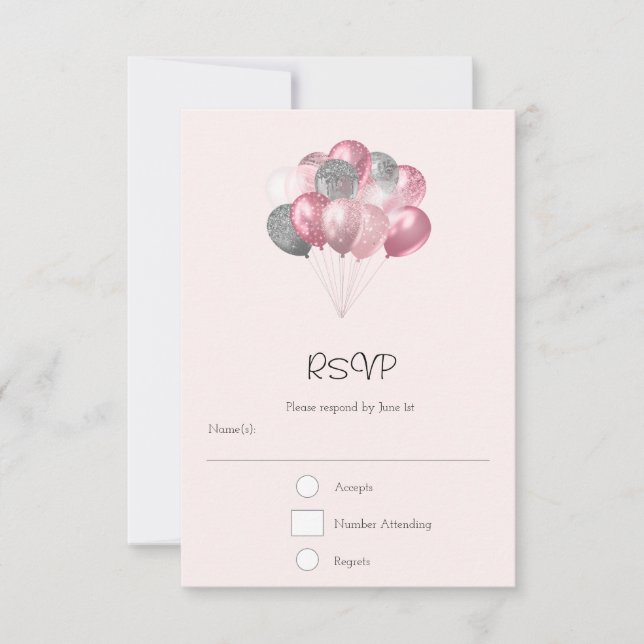 Glitter Balloon Bunch Pink and Silver RSVP Card (Front)
