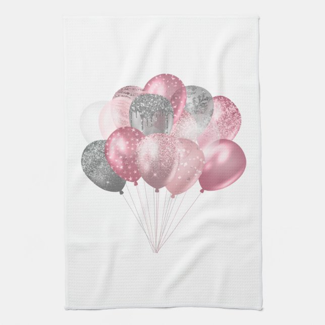 Glitter Balloon Bunch Pink and Silver Tea Towel (Vertical)