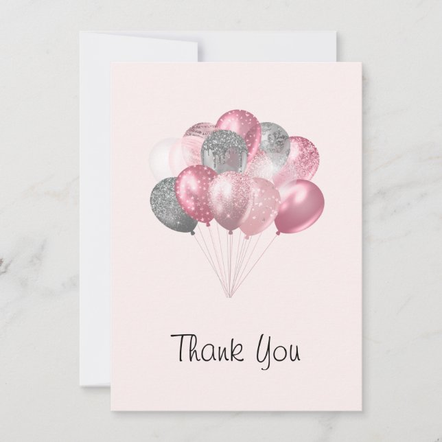 Glitter Balloon Bunch Pink and Silver Thank You (Front)