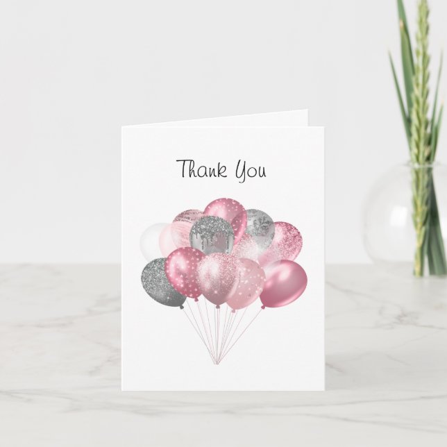 Glitter Balloon Bunch Pink and Silver Thank You Card (Front)
