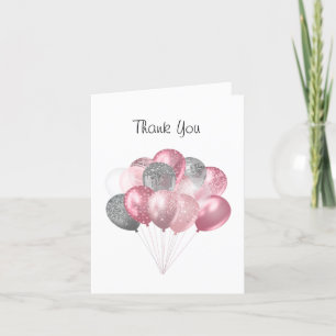 Glitter Balloon Bunch Pink and Silver Thank You Card