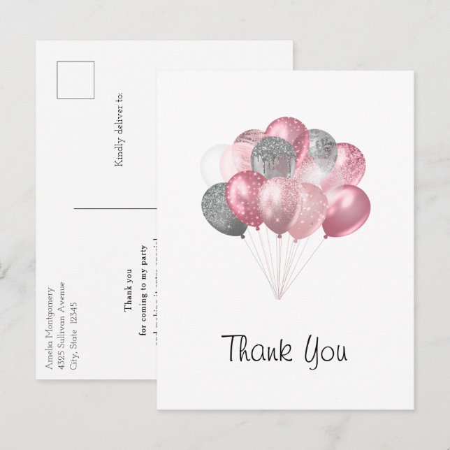 Glitter Balloon Bunch Pink and Silver Thank You Postcard (Front/Back)