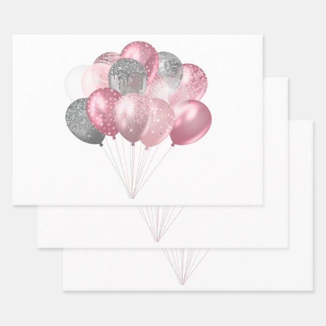 Glitter Balloon Bunch Pink and Silver Wrapping Paper Sheet (Set)