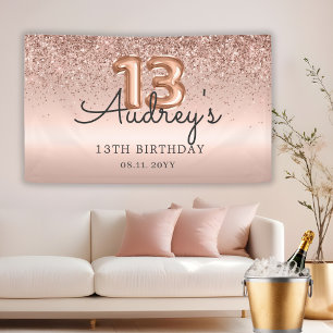 Glitter Balloon Rose Gold 13th Birthday Monogram Banner