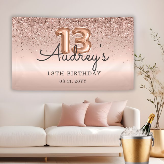 Glitter Balloon Rose Gold 13th Birthday Monogram Banner (Creator Uploaded)