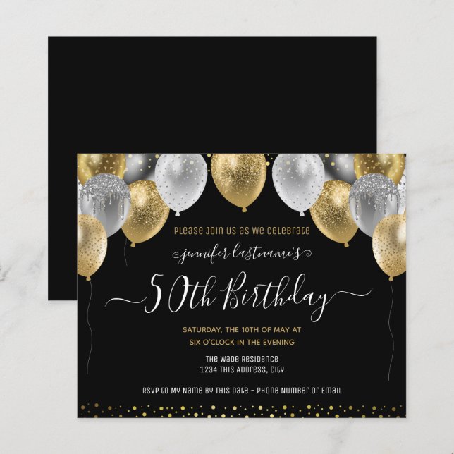 Glitter Balloons 50th Birthday Party Invitation (Front/Back)