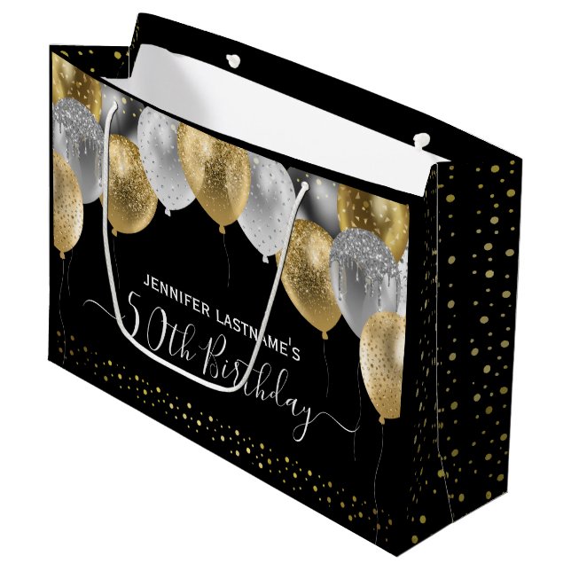 Glitter Balloons 50th Birthday Party Large Gift Bag (Front Angled)