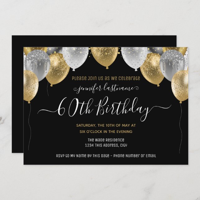 Glitter Balloons 60th Birthday Party Invitation (Front/Back)