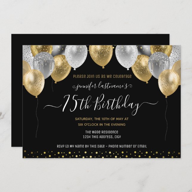 Glitter Balloons 75th Birthday Party Invitation (Front/Back)