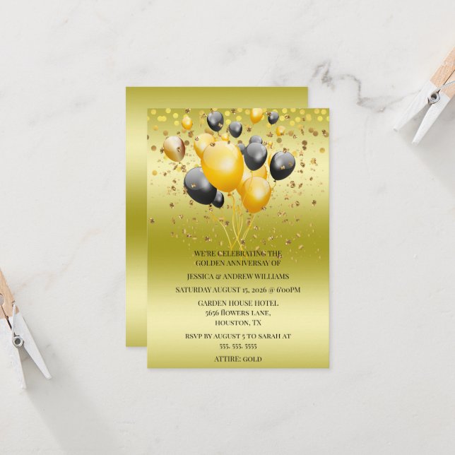 Glitter Balloons Confetti 50th Wedding Anniversary Invitation (Front/Back In Situ)