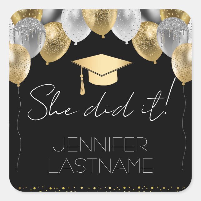 Glitter Balloons Graduation Party Square Sticker (Front)