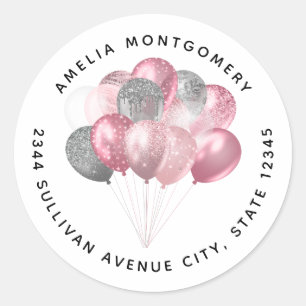 Glitter Balloons Pink and Silver - Address Classic Round Sticker